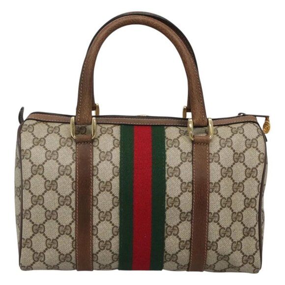 GUCCI GG Supreme Web Sherry Line Boston Bag PVC Red Green beige Auth 120065 - Picture 2 of 16